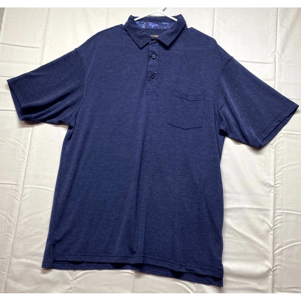 F/X Fusion Polo Shirt Mens Blue Large Stretch Side lit High Low Hem Tennis Golf